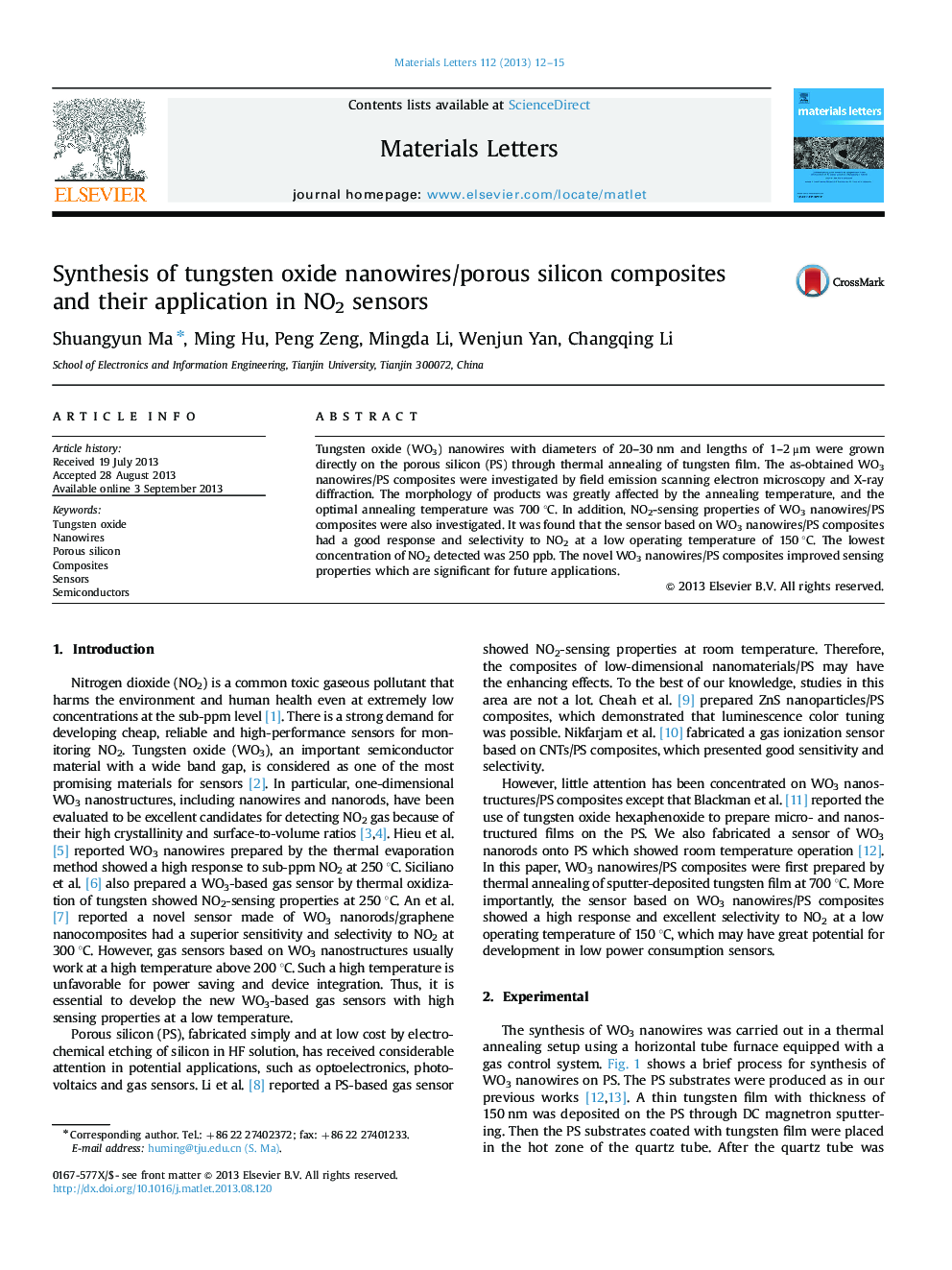 Synthesis of tungsten oxide nanowires/porous silicon composites and their application in NO2 sensors