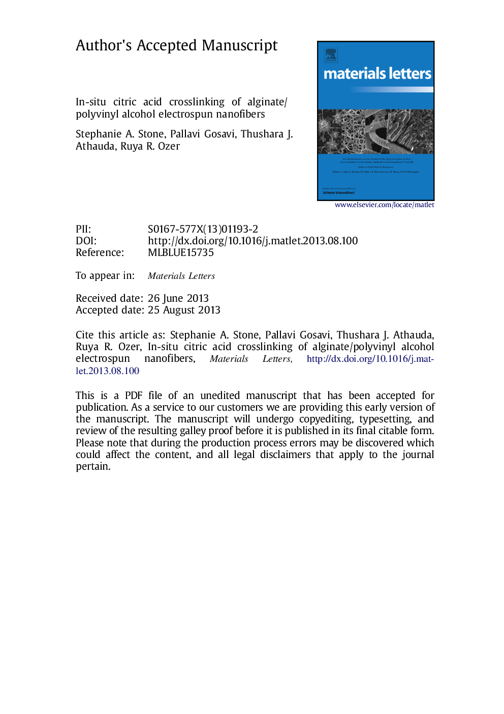 در محل اتصال اسید سیتریک نانو فیبرهای الکترواسپون الگوریتم / پلی وینیل الکل 