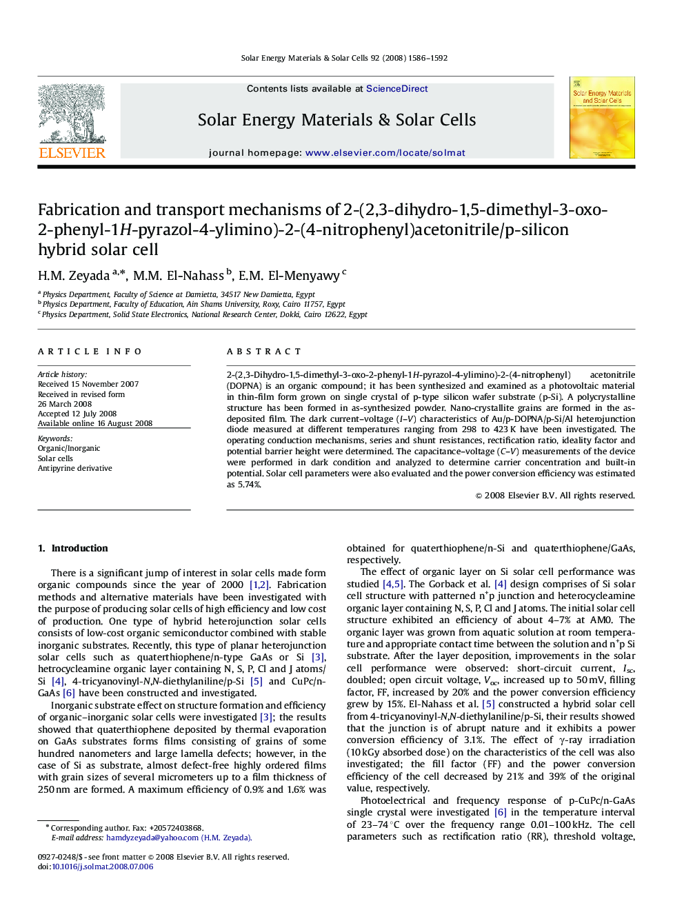 Fabrication and transport mechanisms of 2-(2,3-dihydro-1,5-dimethyl-3-oxo-2-phenyl-1H-pyrazol-4-ylimino)-2-(4-nitrophenyl)acetonitrile/p-silicon hybrid solar cell