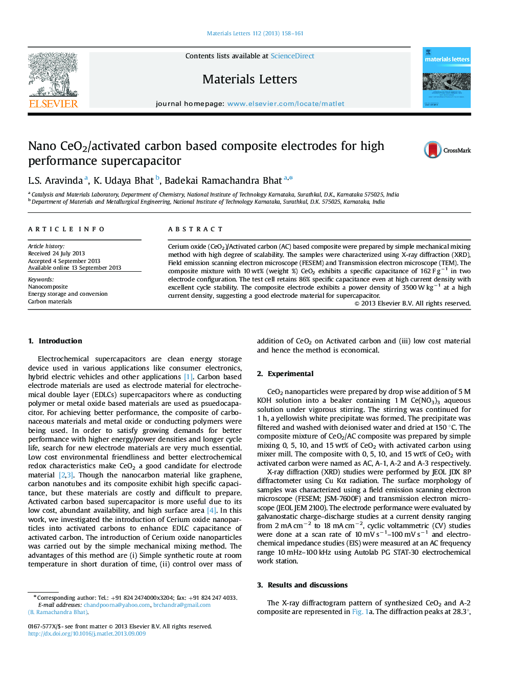 Nano CeO2/activated carbon based composite electrodes for high performance supercapacitor