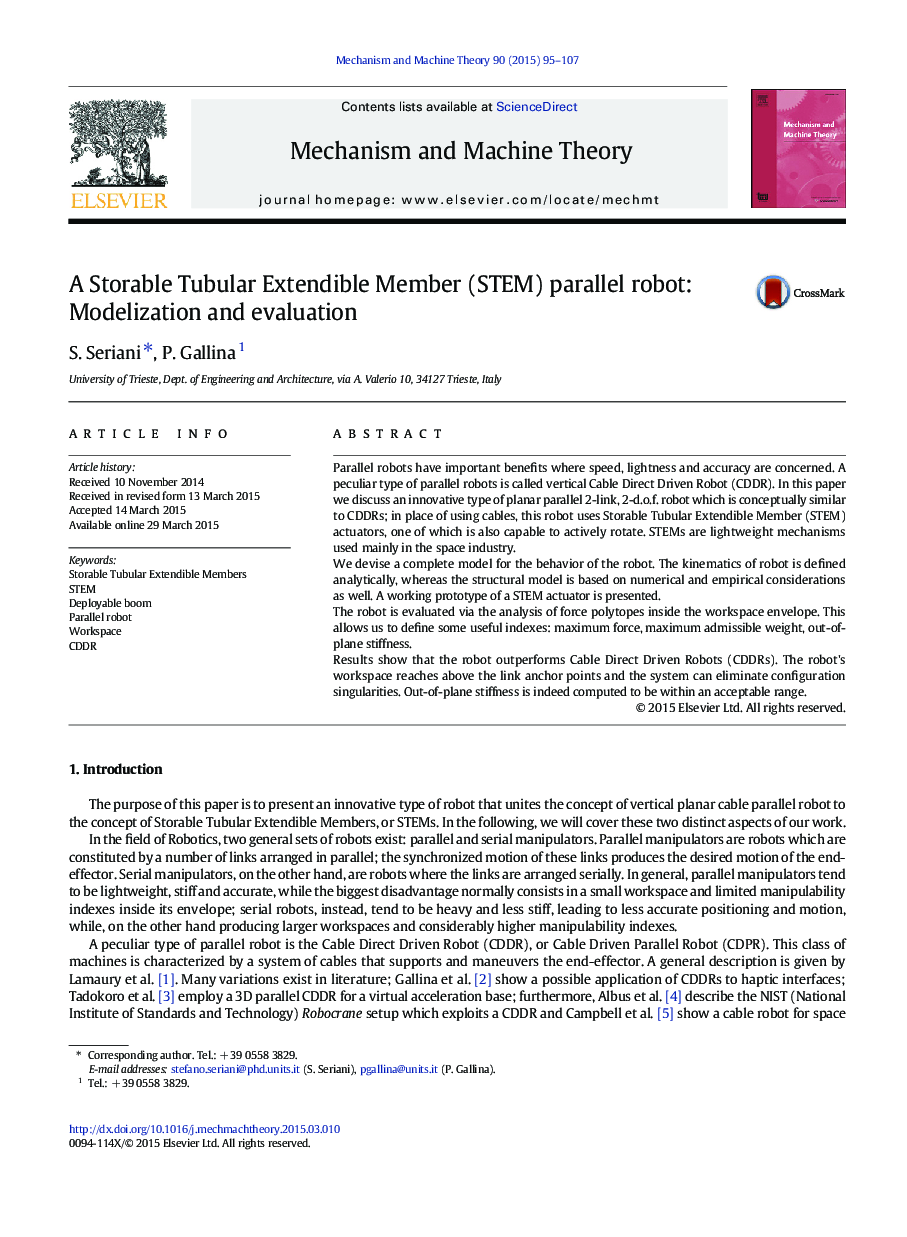 A Storable Tubular Extendible Member (STEM) parallel robot: Modelization and evaluation