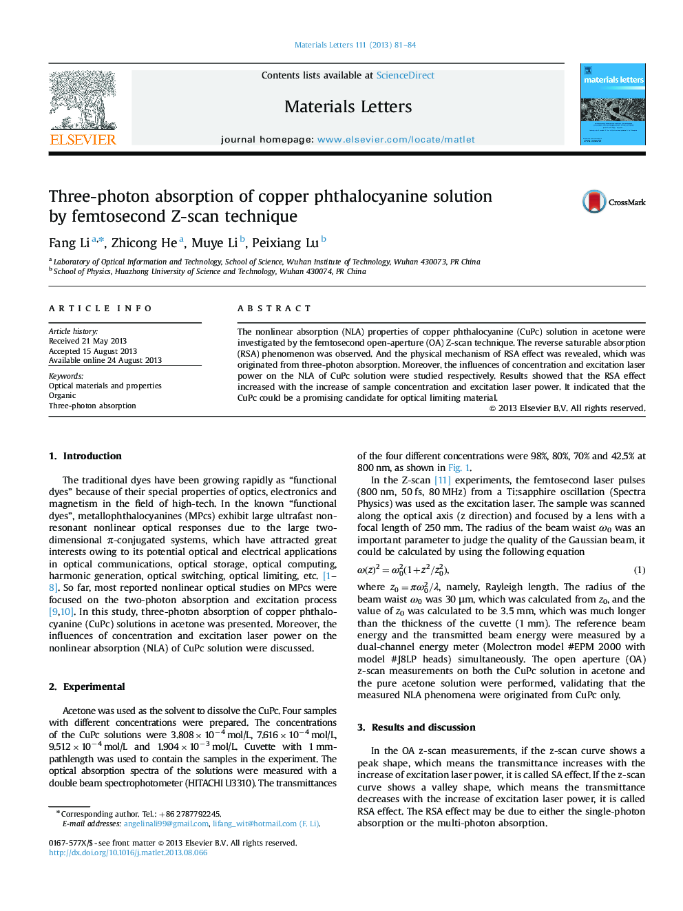 Three-photon absorption of copper phthalocyanine solution by femtosecond Z-scan technique