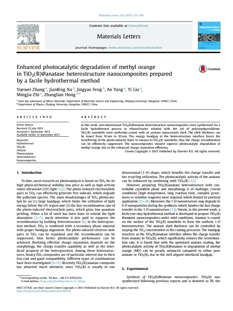 Enhanced photocatalytic degradation of methyl orange in TiO2(B)@anatase heterostructure nanocomposites prepared by a facile hydrothermal method