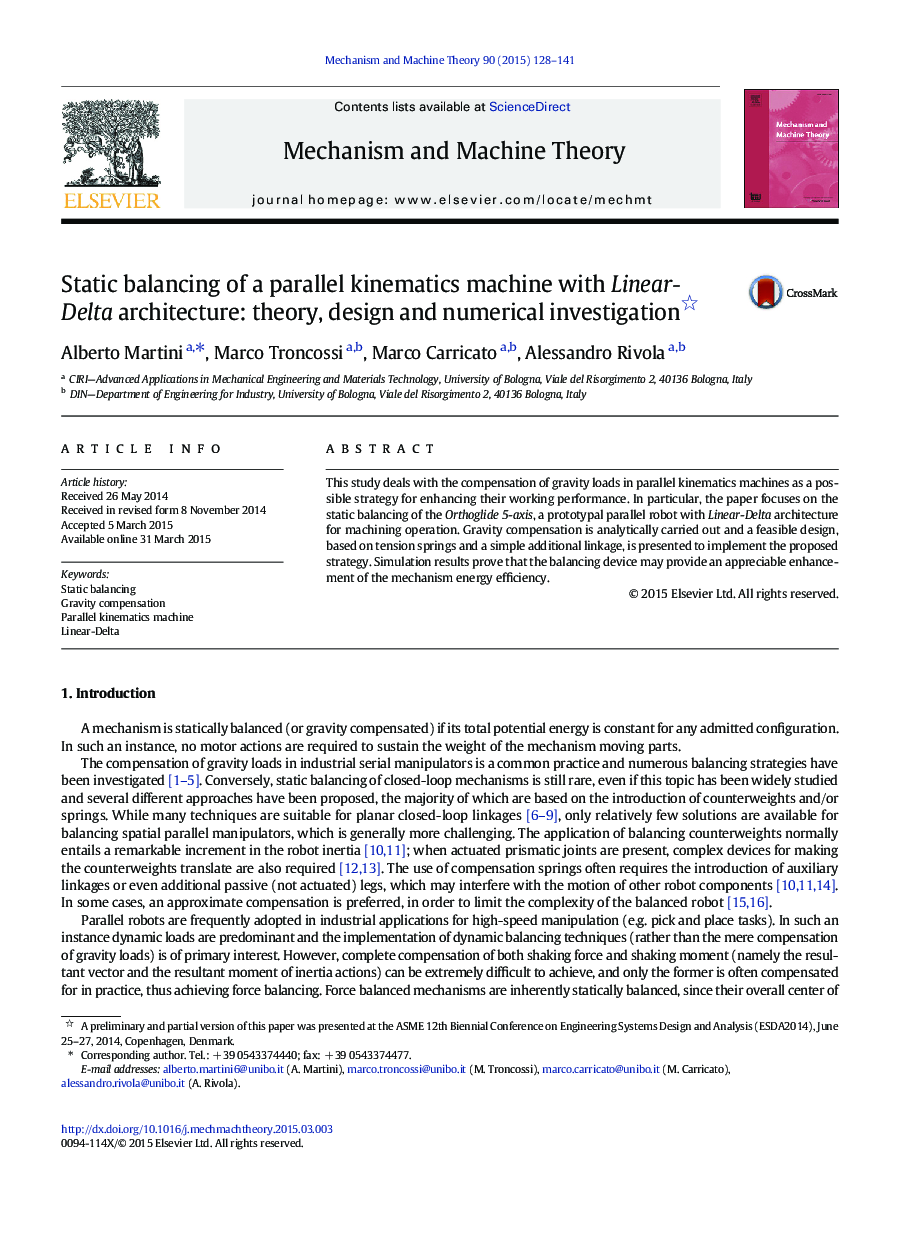 Static balancing of a parallel kinematics machine with Linear-Delta architecture: theory, design and numerical investigation 