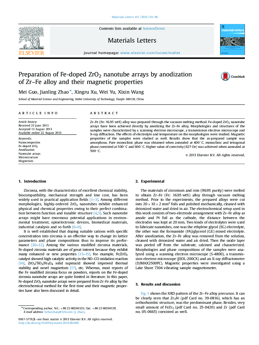 Preparation of Fe-doped ZrO2 nanotube arrays by anodization of Zr-Fe alloy and their magnetic properties