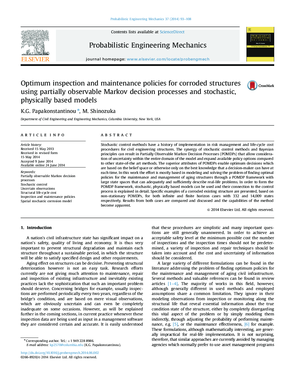 Optimum inspection and maintenance policies for corroded structures using partially observable Markov decision processes and stochastic, physically based models