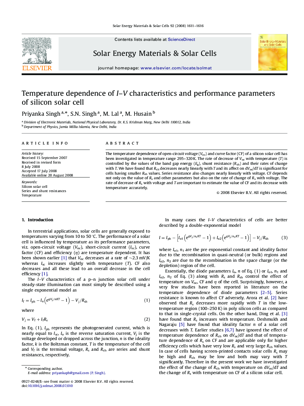 Temperature dependence of I–V characteristics and performance parameters of silicon solar cell