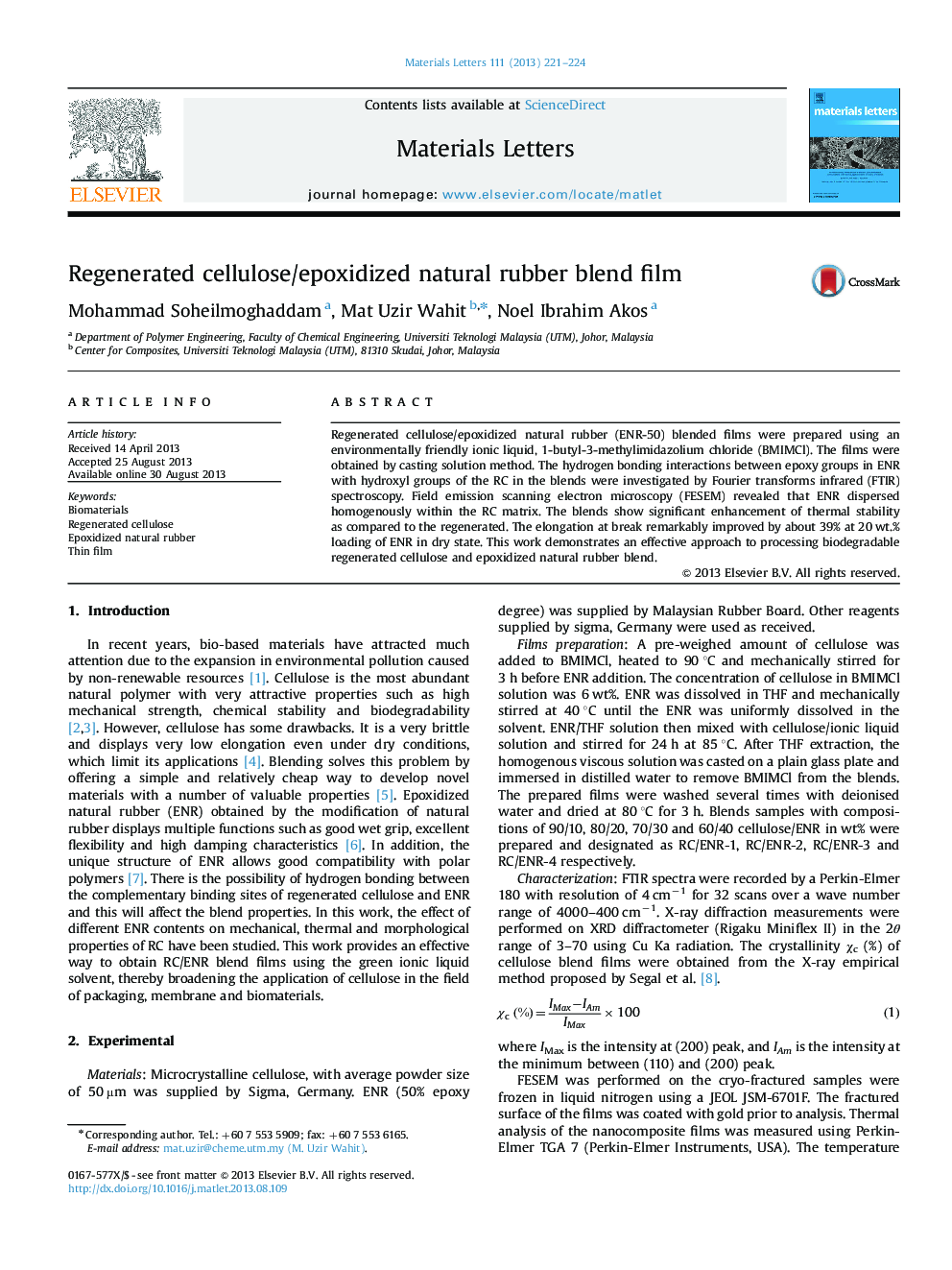 Regenerated cellulose/epoxidized natural rubber blend film