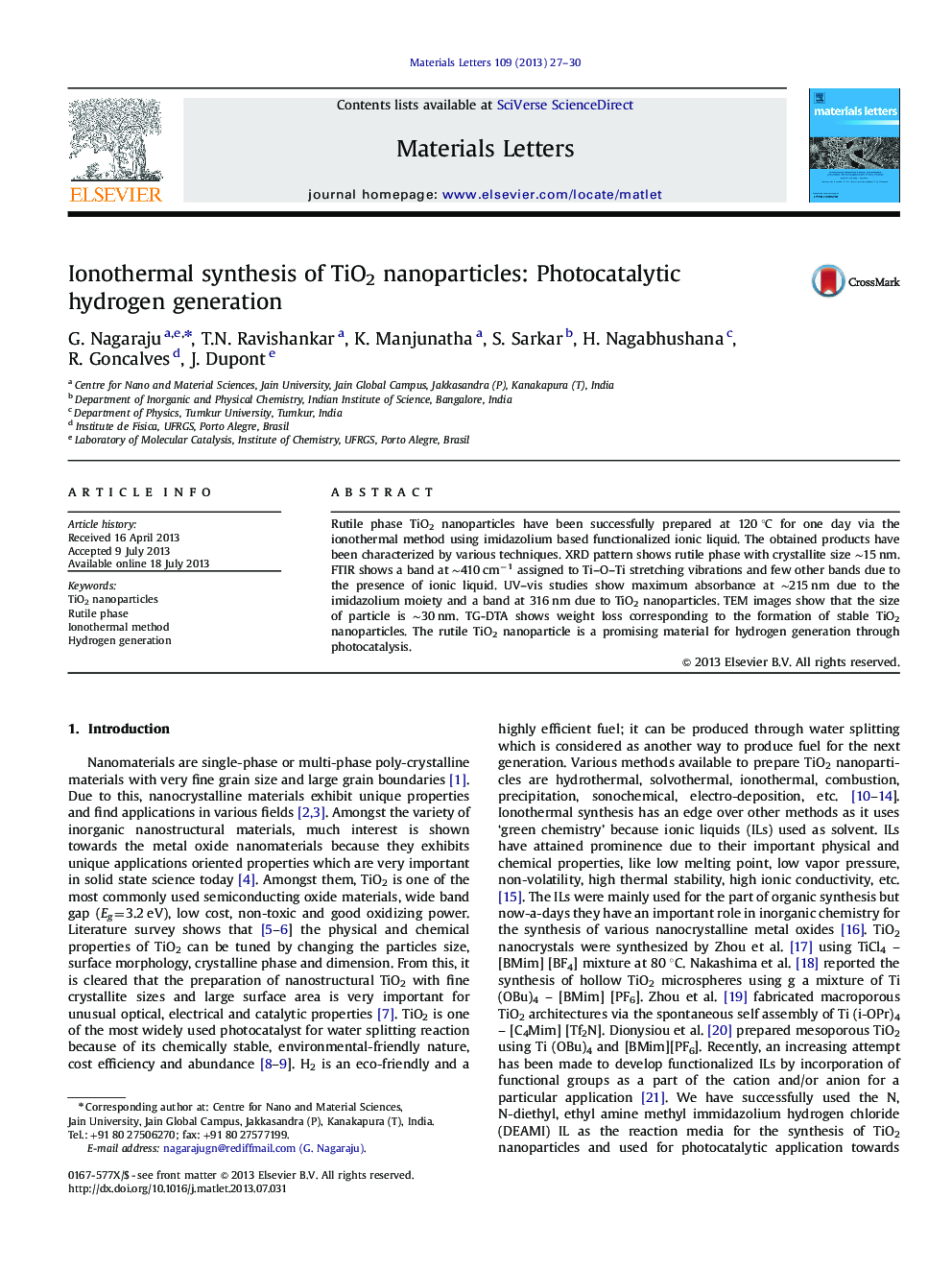 Ionothermal synthesis of TiO2 nanoparticles: Photocatalytic hydrogen generation