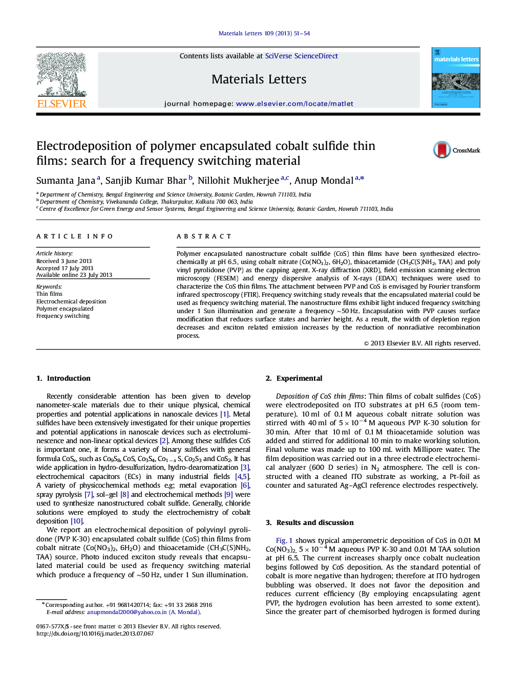 Electrodeposition of polymer encapsulated cobalt sulfide thin films: search for a frequency switching material