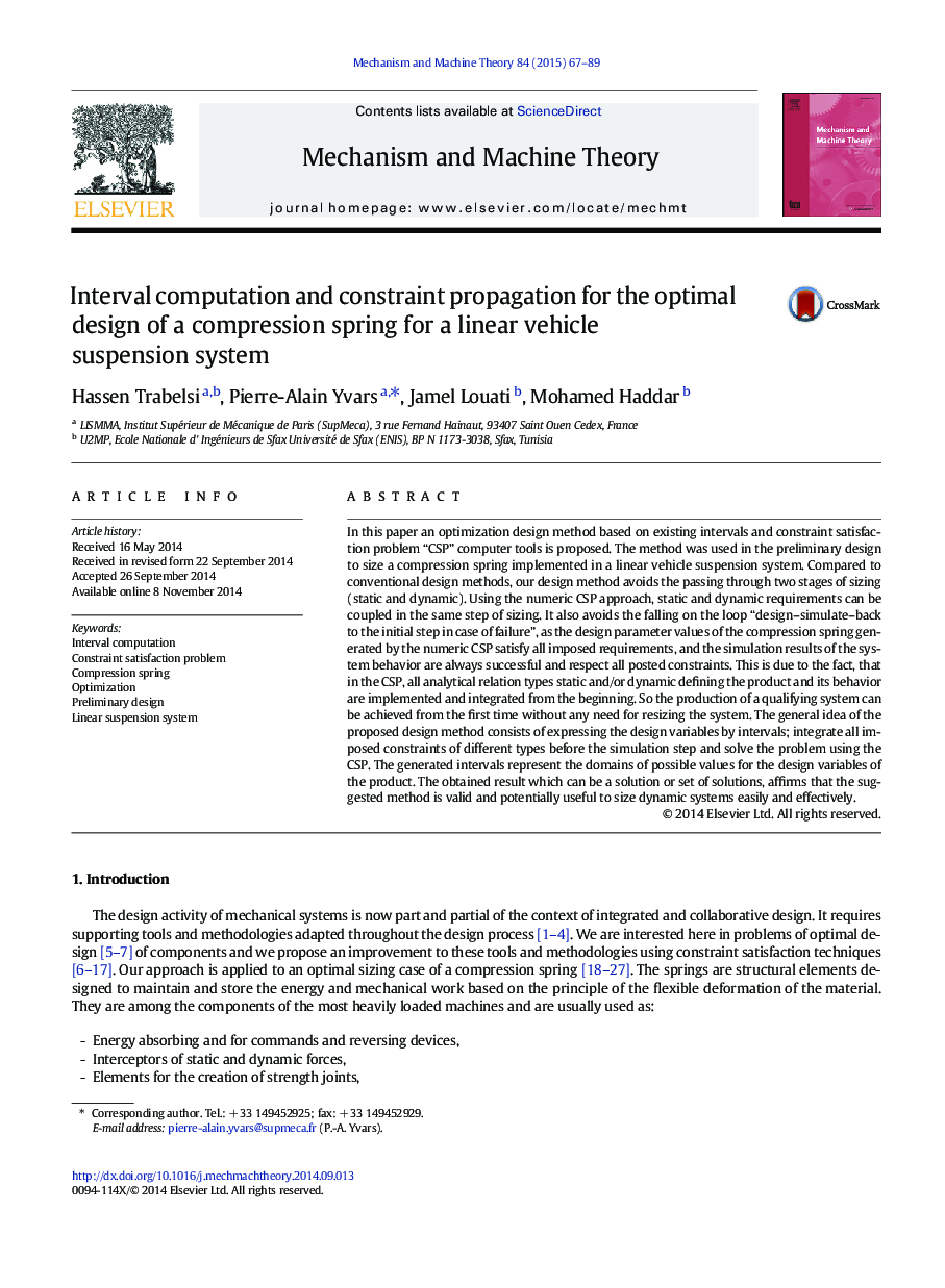 Interval computation and constraint propagation for the optimal design of a compression spring for a linear vehicle suspension system