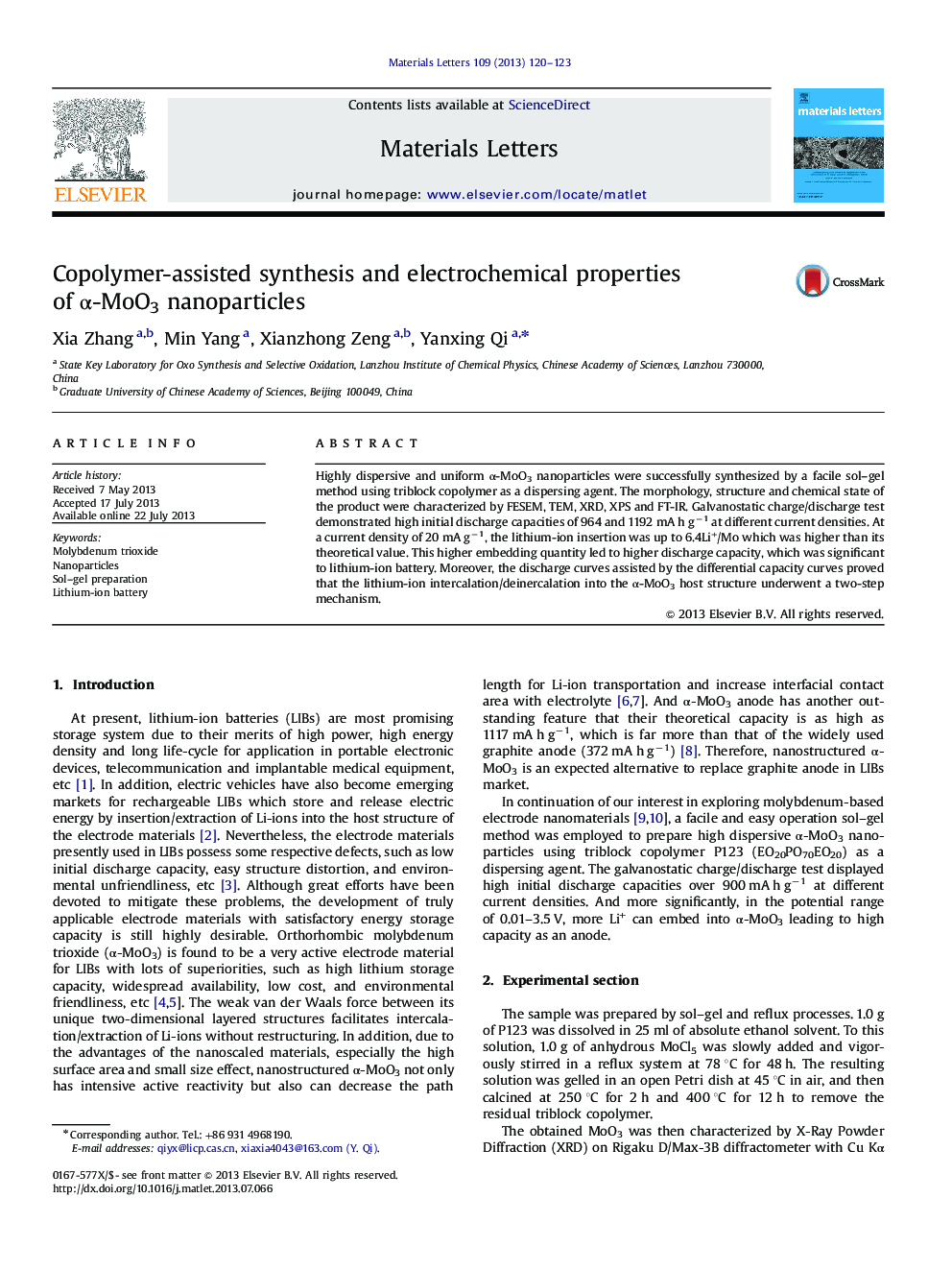 Copolymer-assisted synthesis and electrochemical properties of Î±-MoO3 nanoparticles