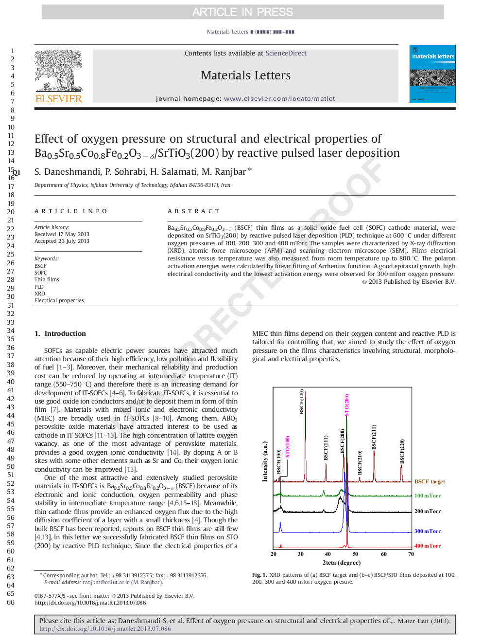 Effect of oxygen pressure on structural and electrical properties of Ba0.5Sr0.5Co0.8Fe0.2O3âÎ´/SrTiO3(200) by reactive pulsed laser deposition