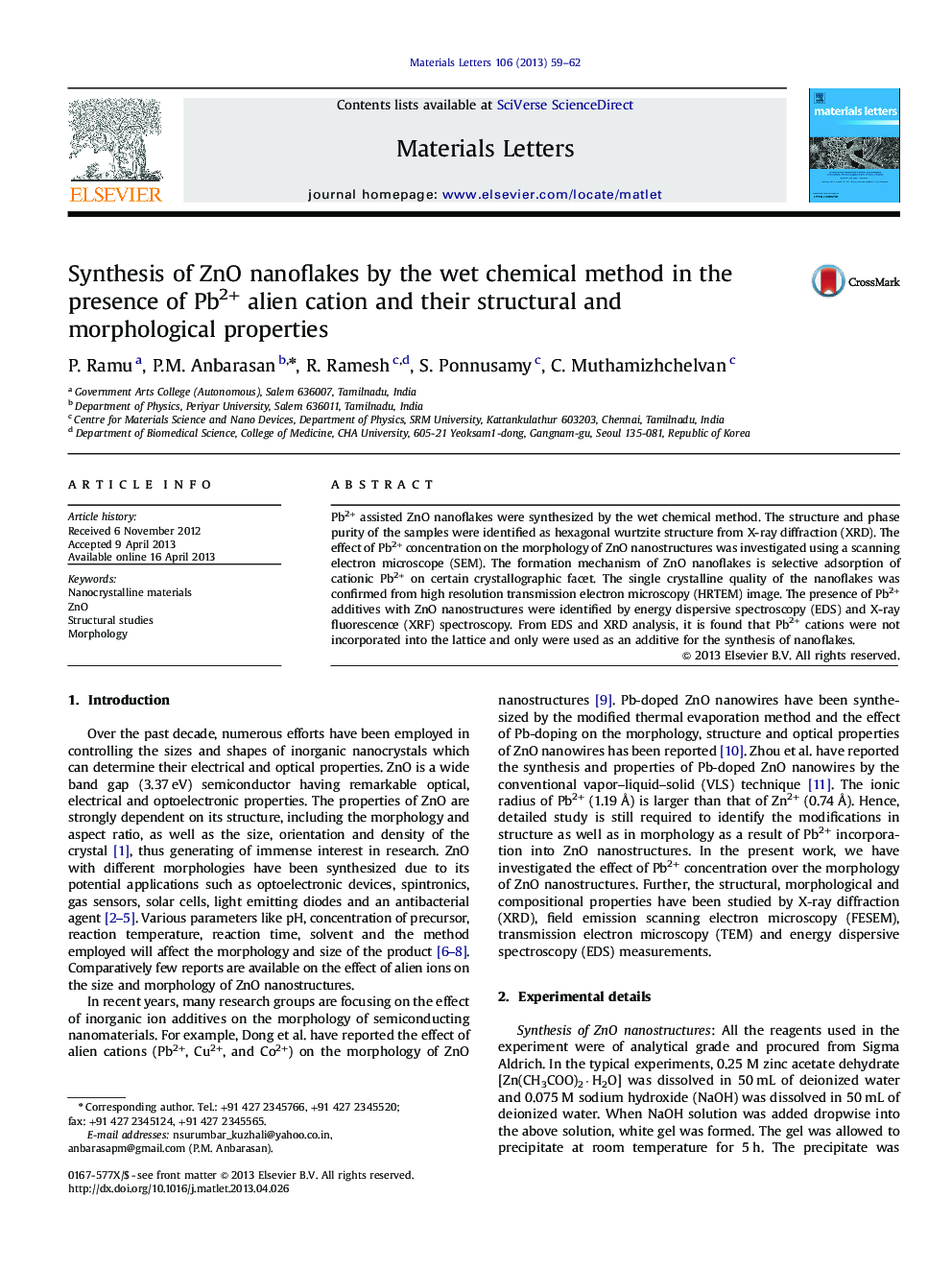 Synthesis of ZnO nanoflakes by the wet chemical method in the presence of Pb2+ alien cation and their structural and morphological properties