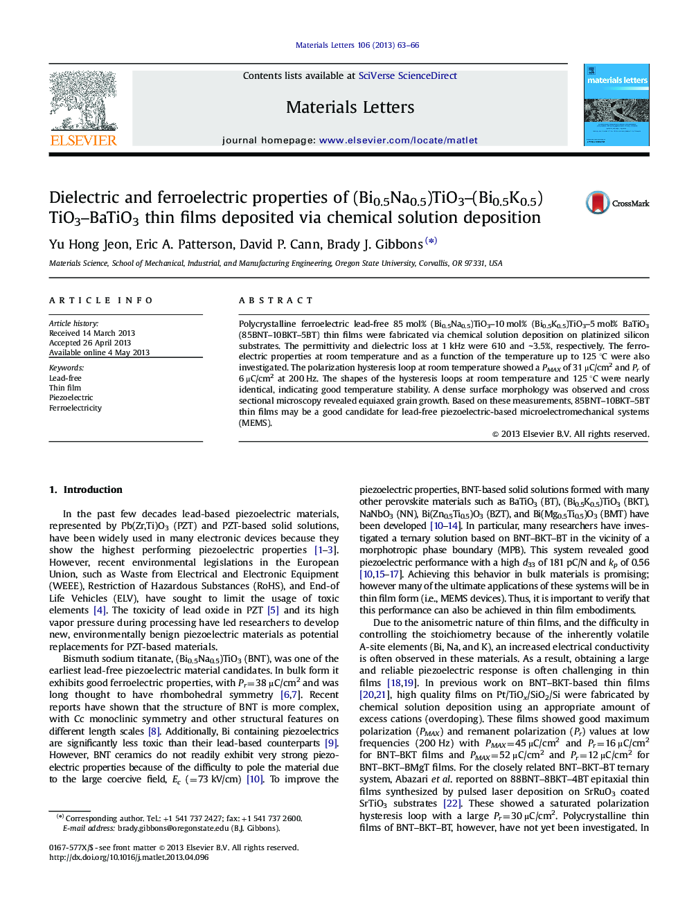 Dielectric and ferroelectric properties of (Bi0.5Na0.5)TiO3-(Bi0.5K0.5)TiO3-BaTiO3 thin films deposited via chemical solution deposition