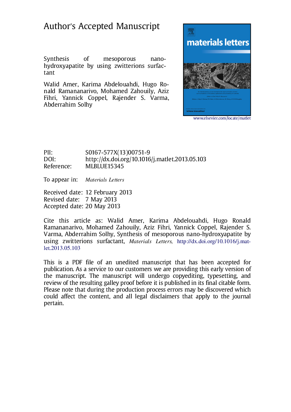 Synthesis of mesoporous nano-hydroxyapatite by using zwitterions surfactant