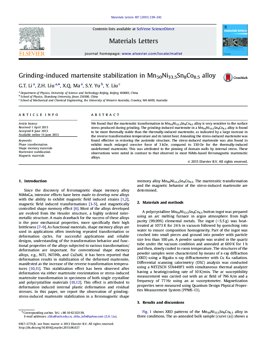 Grinding-induced martensite stabilization in Mn50Ni33.5Sn8Co8.5 alloy