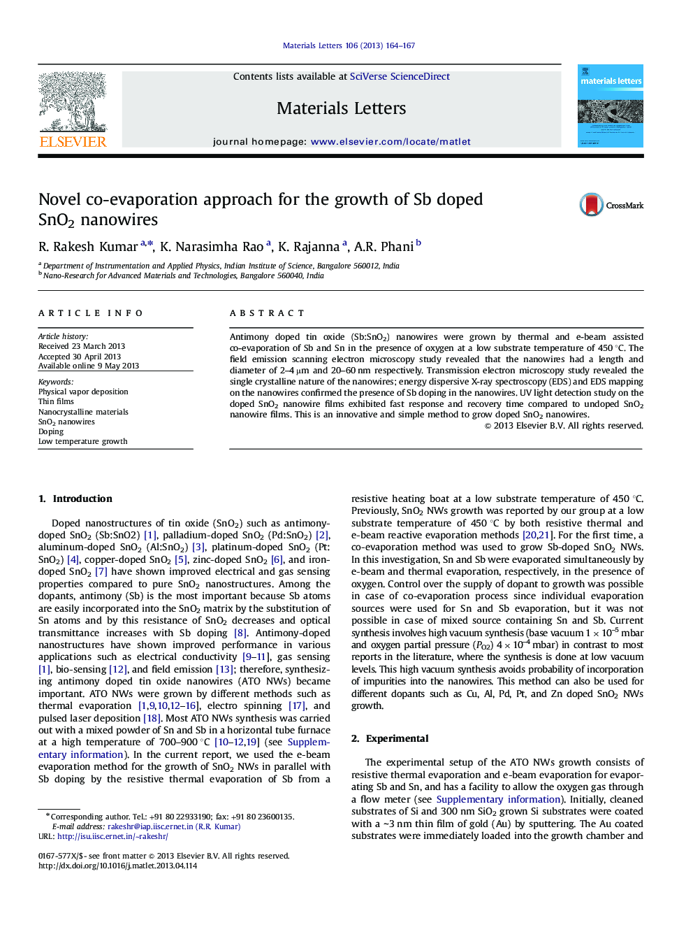 Novel co-evaporation approach for the growth of Sb doped SnO2 nanowires