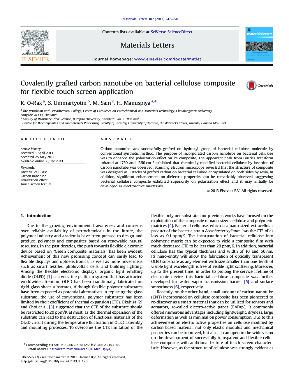 Covalently grafted carbon nanotube on bacterial cellulose composite for flexible touch screen application