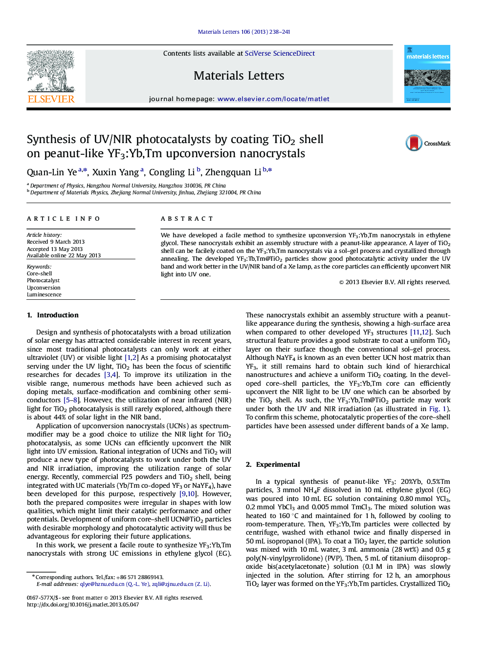 Synthesis of UV/NIR photocatalysts by coating TiO2 shell on peanut-like YF3:Yb,Tm upconversion nanocrystals
