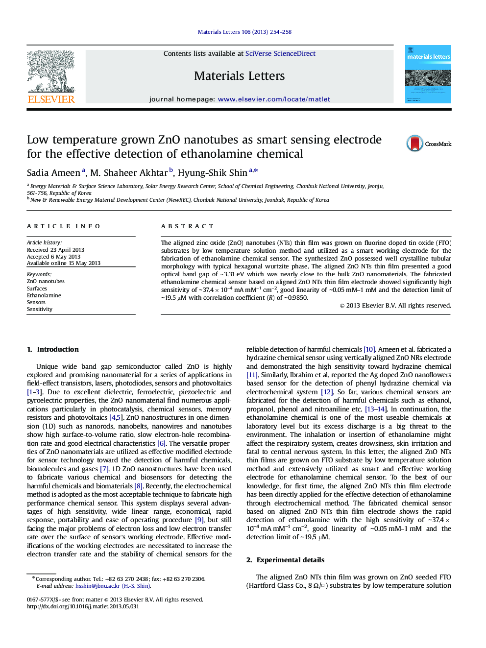 Low temperature grown ZnO nanotubes as smart sensing electrode for the effective detection of ethanolamine chemical