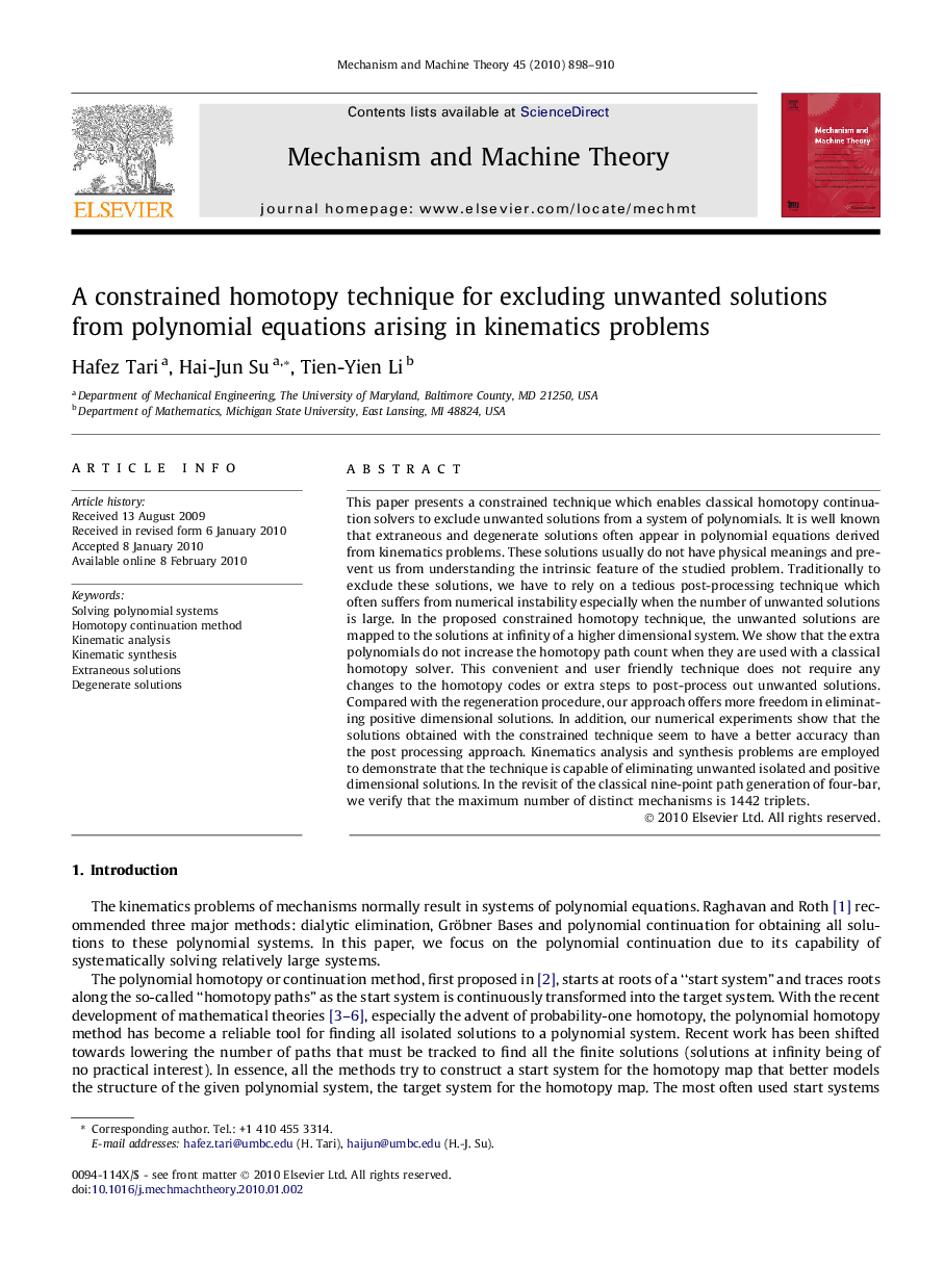 A constrained homotopy technique for excluding unwanted solutions from polynomial equations arising in kinematics problems