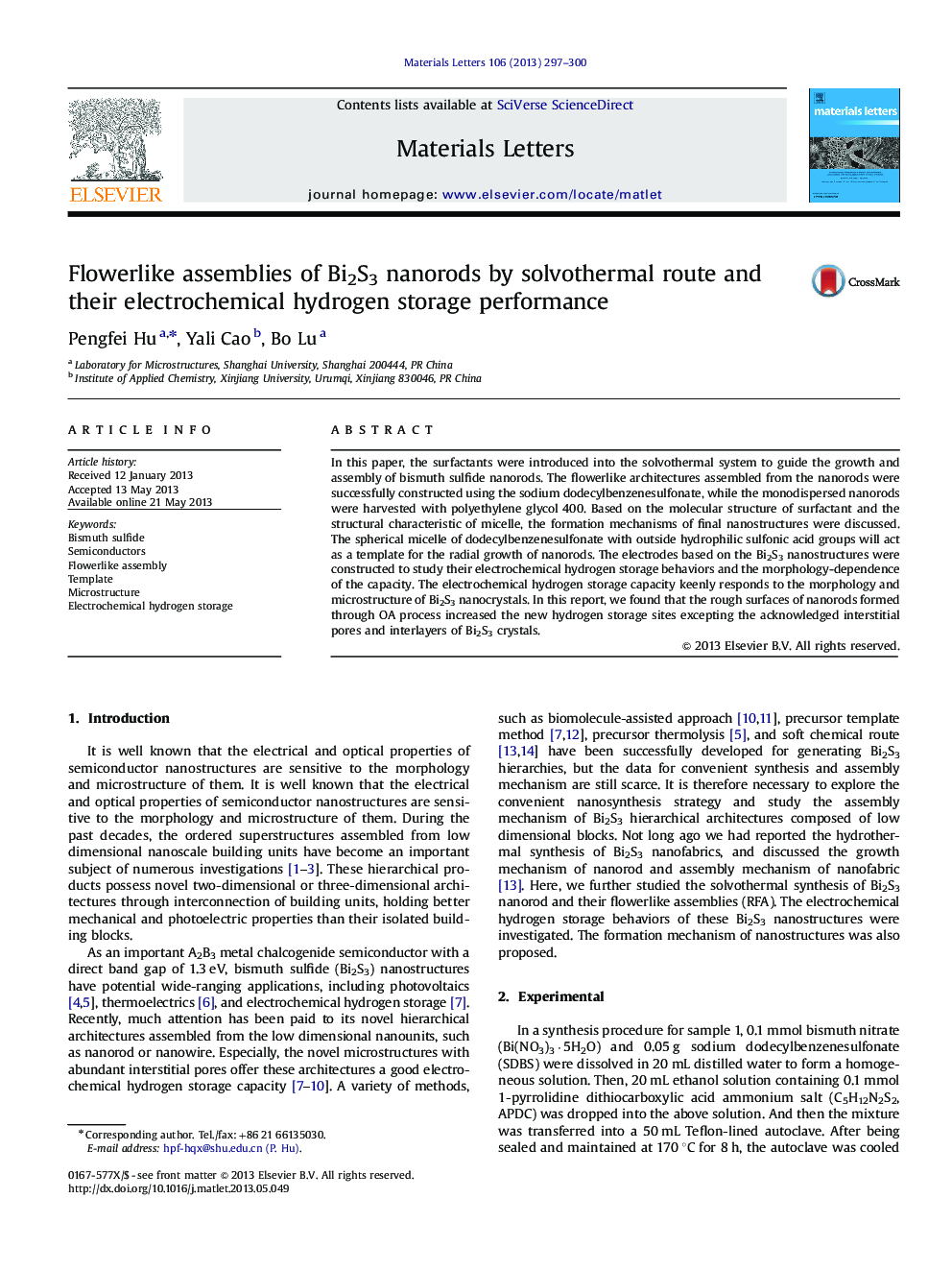 Flowerlike assemblies of Bi2S3 nanorods by solvothermal route and their electrochemical hydrogen storage performance