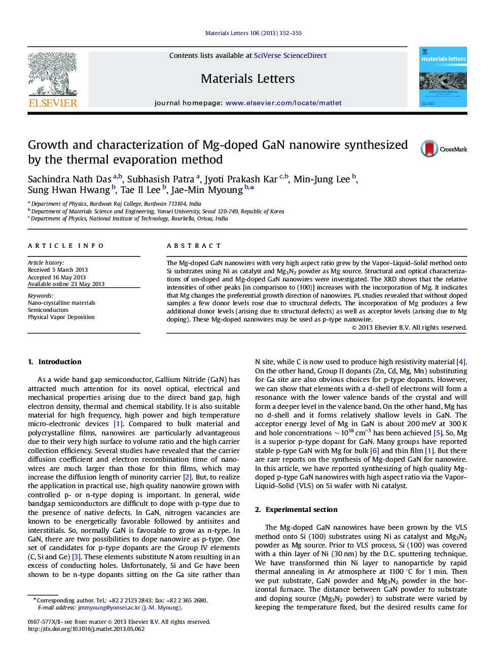 Growth and characterization of Mg-doped GaN nanowire synthesized by the thermal evaporation method