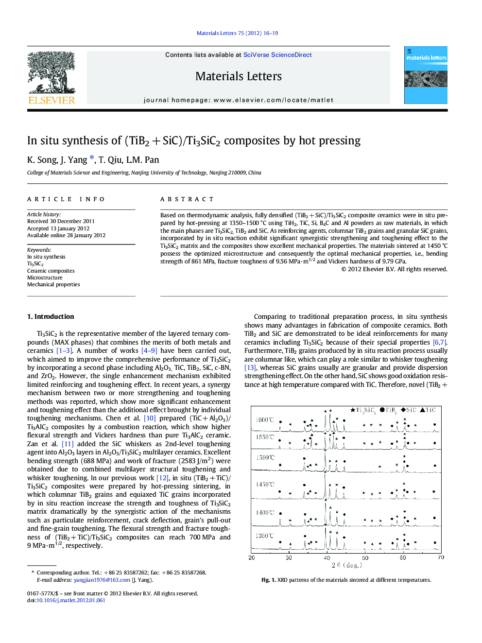 In situ synthesis of (TiB2Â +Â SiC)/Ti3SiC2 composites by hot pressing