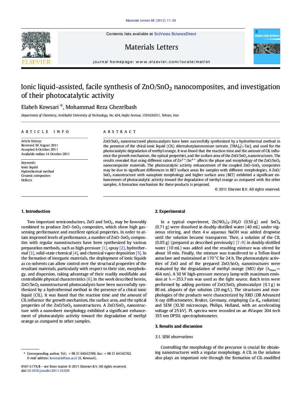 Ionic liquid-assisted, facile synthesis of ZnO/SnO2 nanocomposites, and investigation of their photocatalytic activity