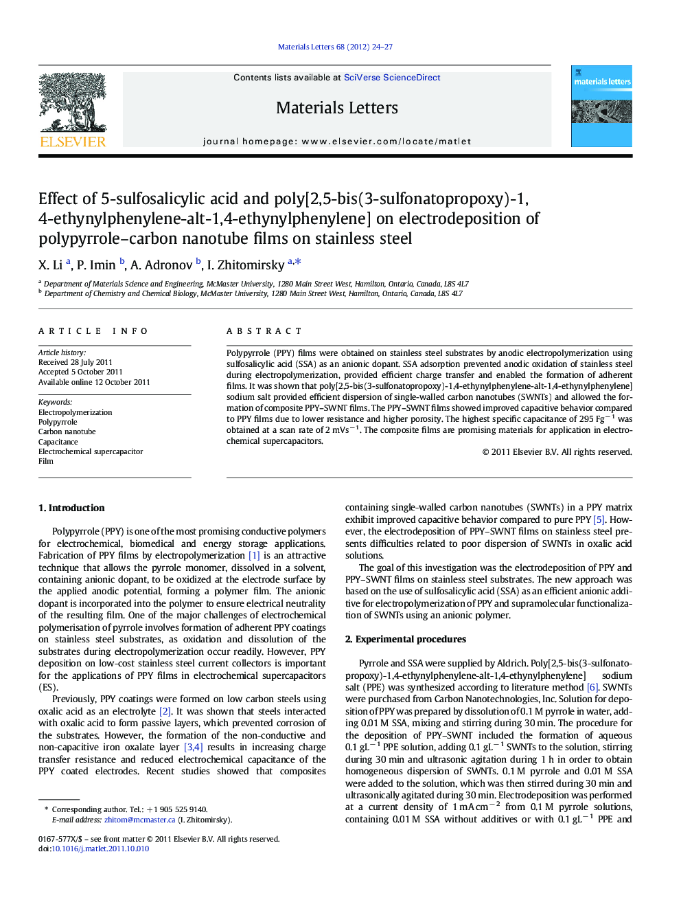 Effect of 5-sulfosalicylic acid and poly[2,5-bis(3-sulfonatopropoxy)-1,4-ethynylphenylene-alt-1,4-ethynylphenylene] on electrodeposition of polypyrrole-carbon nanotube films on stainless steel