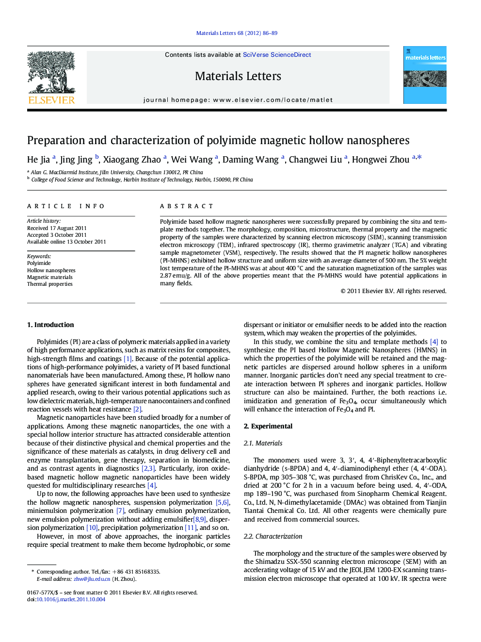 Preparation and characterization of polyimide magnetic hollow nanospheres