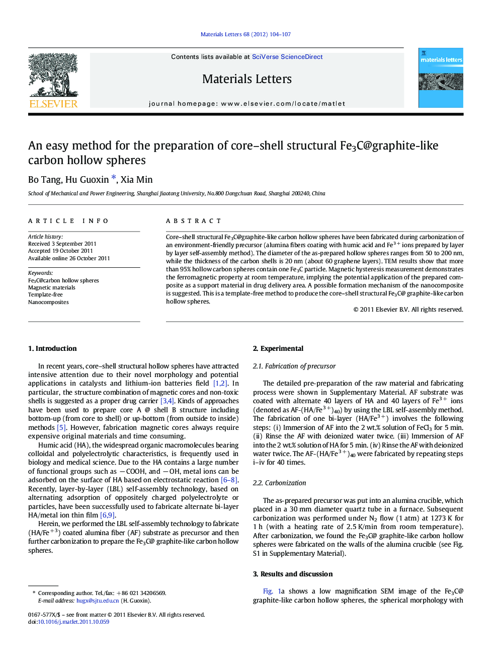 An easy method for the preparation of core-shell structural Fe3C@graphite-like carbon hollow spheres