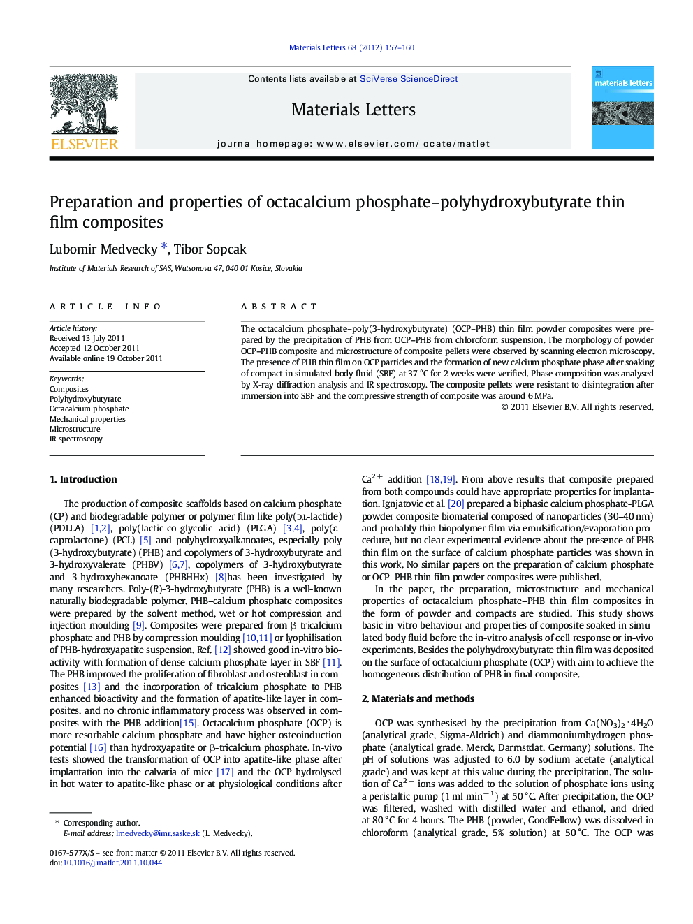 Preparation and properties of octacalcium phosphate-polyhydroxybutyrate thin film composites