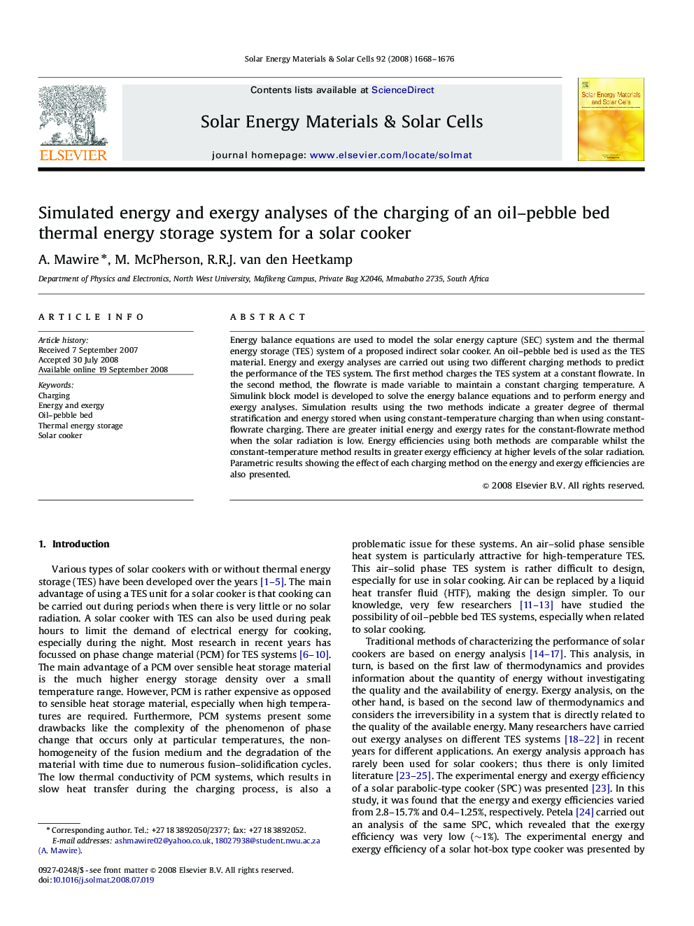 Simulated energy and exergy analyses of the charging of an oil–pebble bed thermal energy storage system for a solar cooker