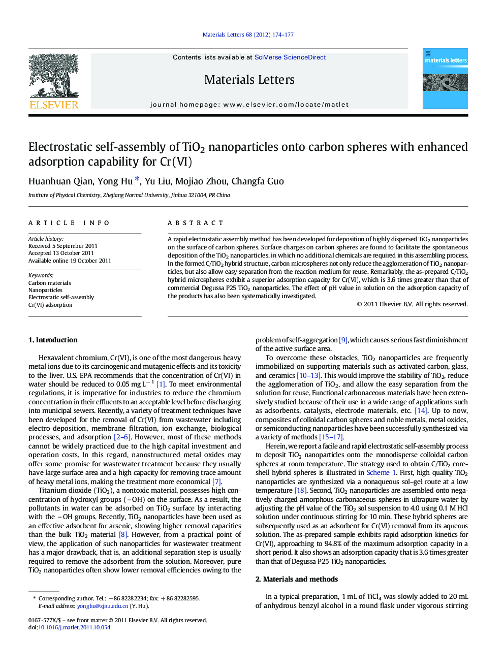 Electrostatic self-assembly of TiO2 nanoparticles onto carbon spheres with enhanced adsorption capability for Cr(VI)