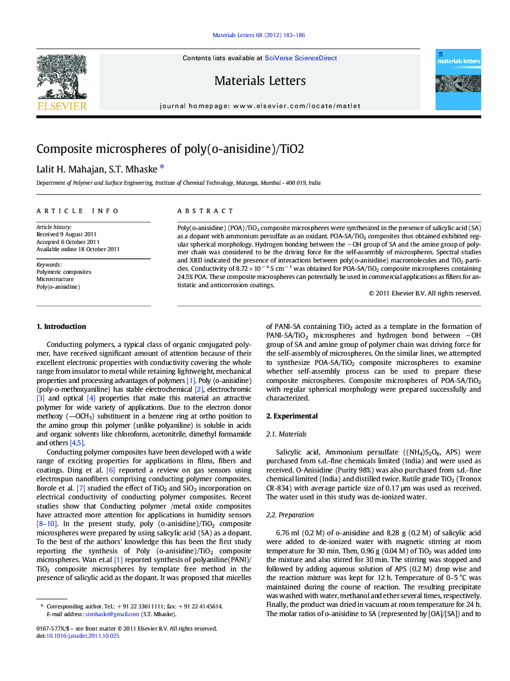 Composite microspheres of poly(o-anisidine)/TiO2