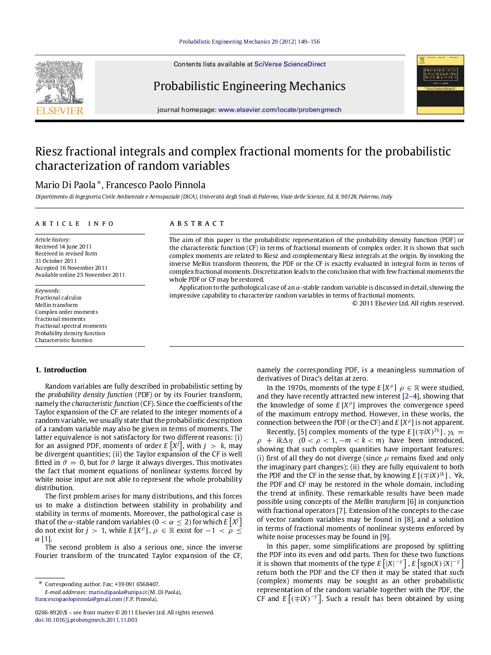 Riesz fractional integrals and complex fractional moments for the probabilistic characterization of random variables