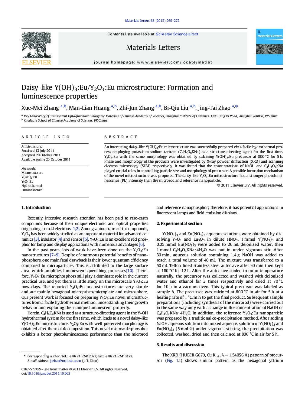 Daisy-like Y(OH)3:Eu/Y2O3:Eu microstructure: Formation and luminescence properties