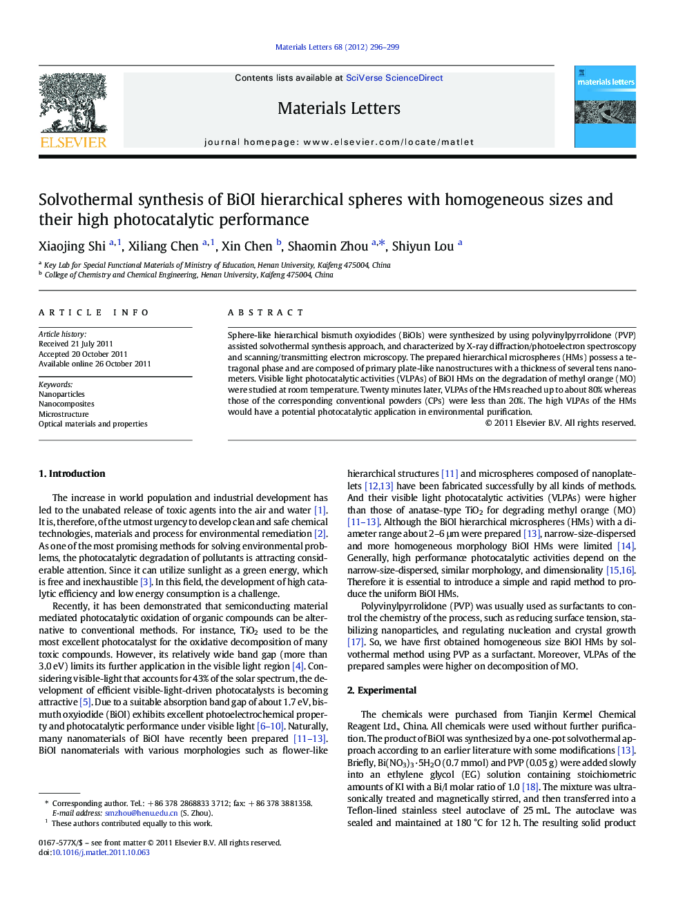 Solvothermal synthesis of BiOI hierarchical spheres with homogeneous sizes and their high photocatalytic performance