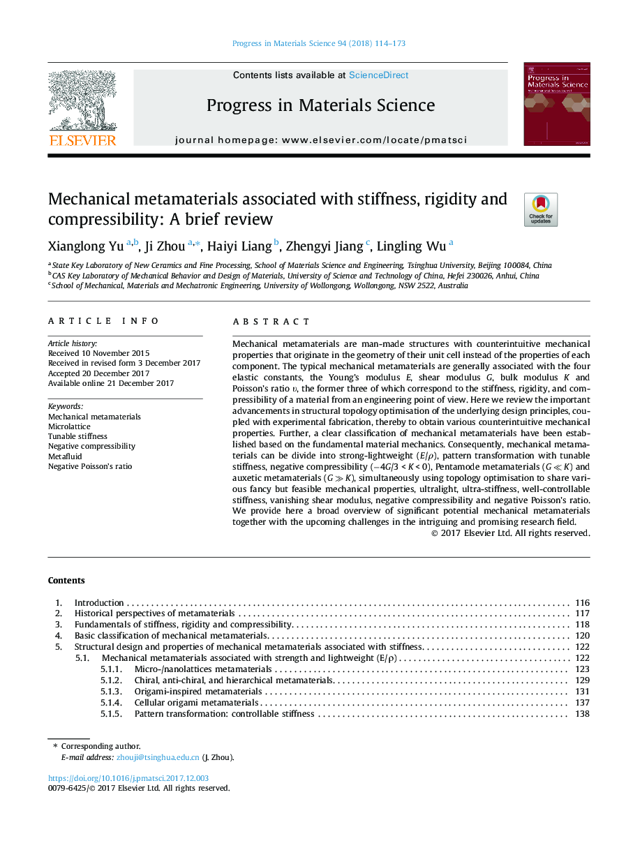 Mechanical metamaterials associated with stiffness, rigidity and compressibility: A brief review