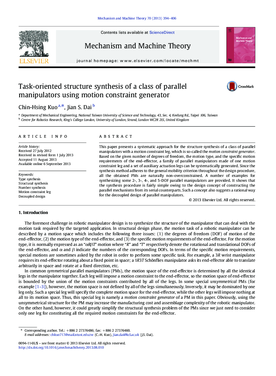 Task-oriented structure synthesis of a class of parallel manipulators using motion constraint generator