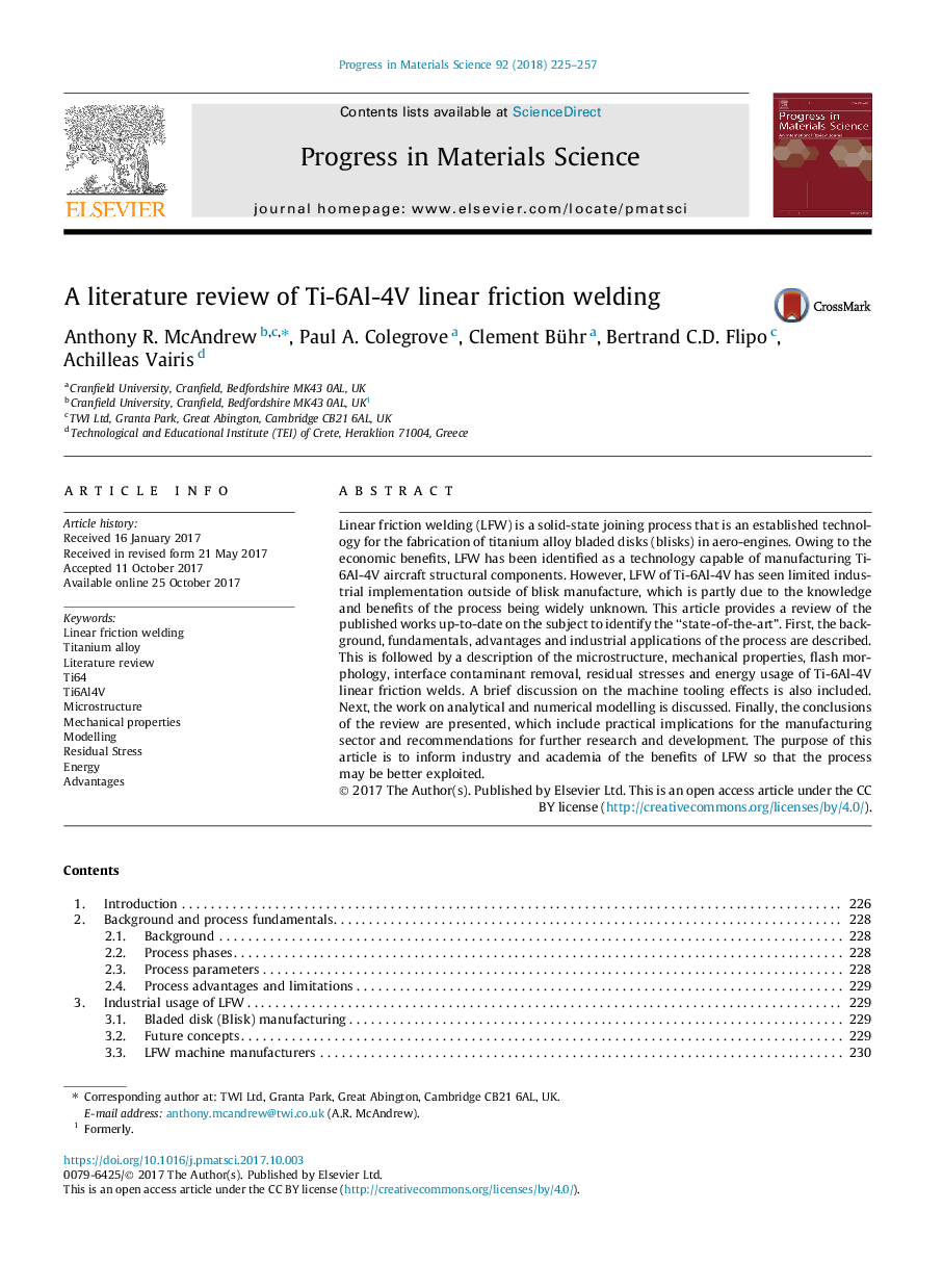 A literature review of Ti-6Al-4V linear friction welding