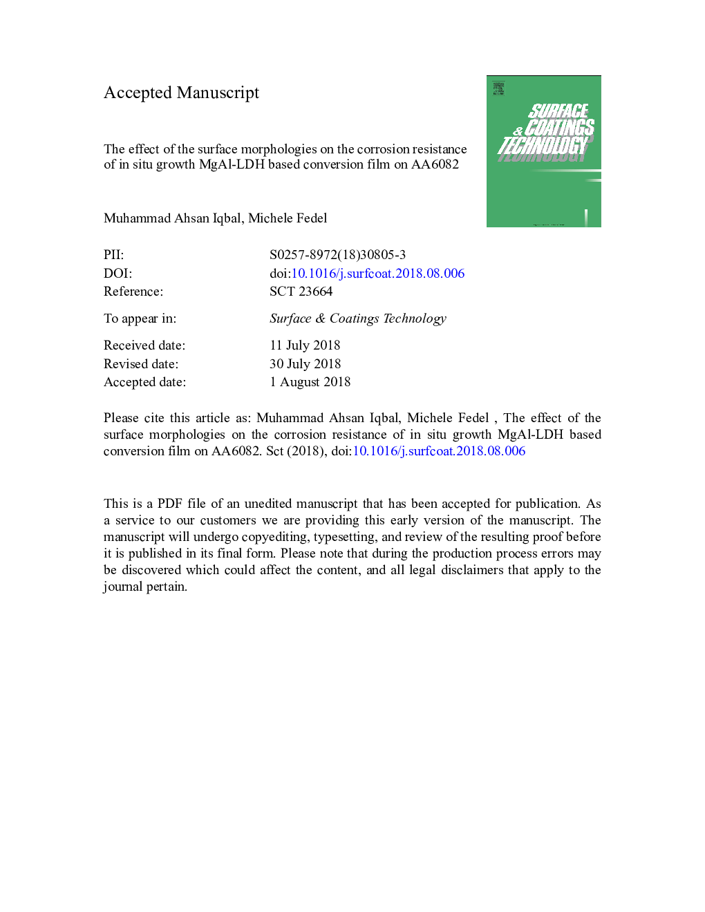 The effect of the surface morphologies on the corrosion resistance of in situ growth MgAl-LDH based conversion film on AA6082