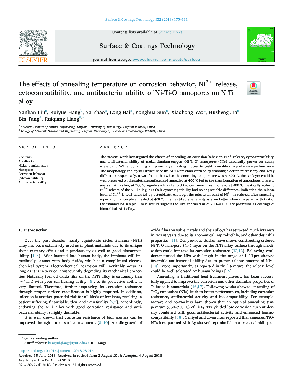 The effects of annealing temperature on corrosion behavior, Ni2+ release, cytocompatibility, and antibacterial ability of Ni-Ti-O nanopores on NiTi alloy