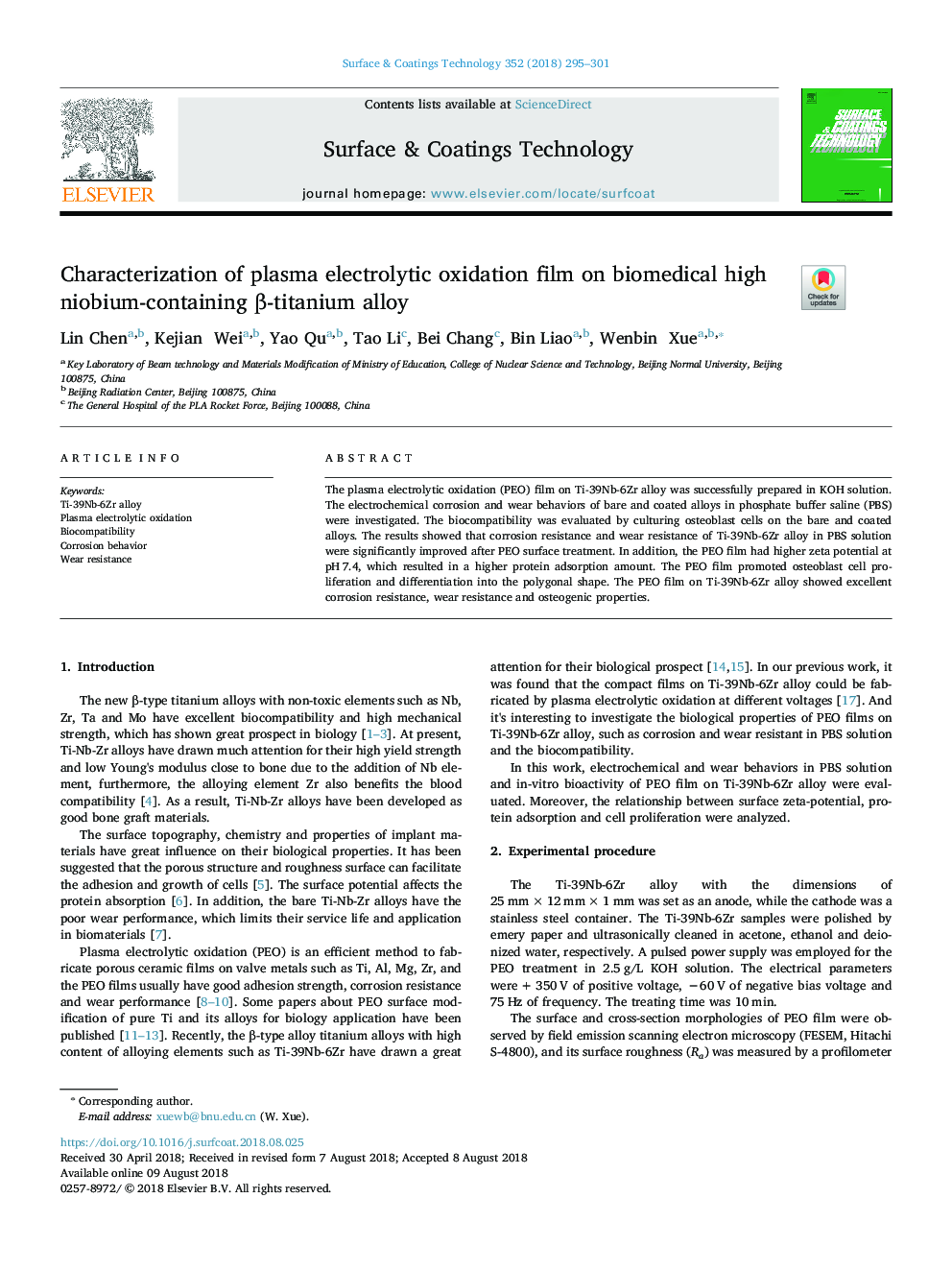 Characterization of plasma electrolytic oxidation film on biomedical high niobium-containing Î²âtitanium alloy