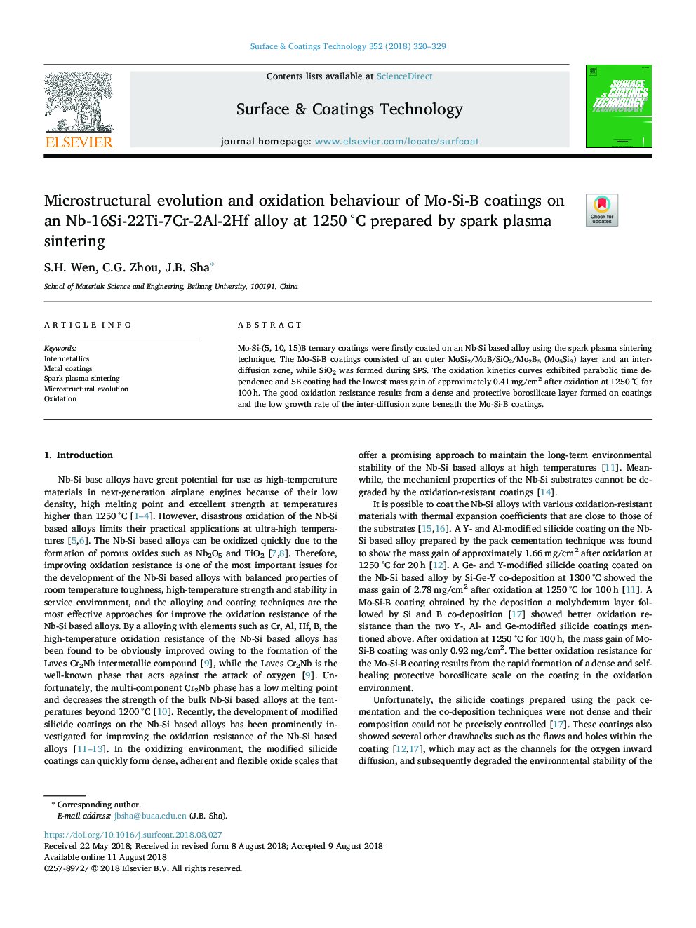 Microstructural evolution and oxidation behaviour of Mo-Si-B coatings on an Nb-16Si-22Ti-7Cr-2Al-2Hf alloy at 1250â¯Â°C prepared by spark plasma sintering