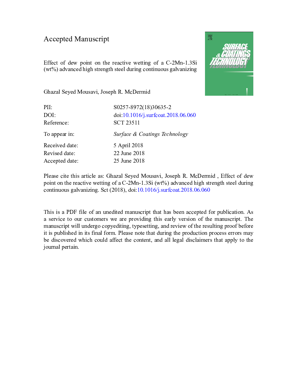 Effect of dew point on the reactive wetting of a C-2Mn-1.3Si (wt%) advanced high strength steel during continuous galvanizing