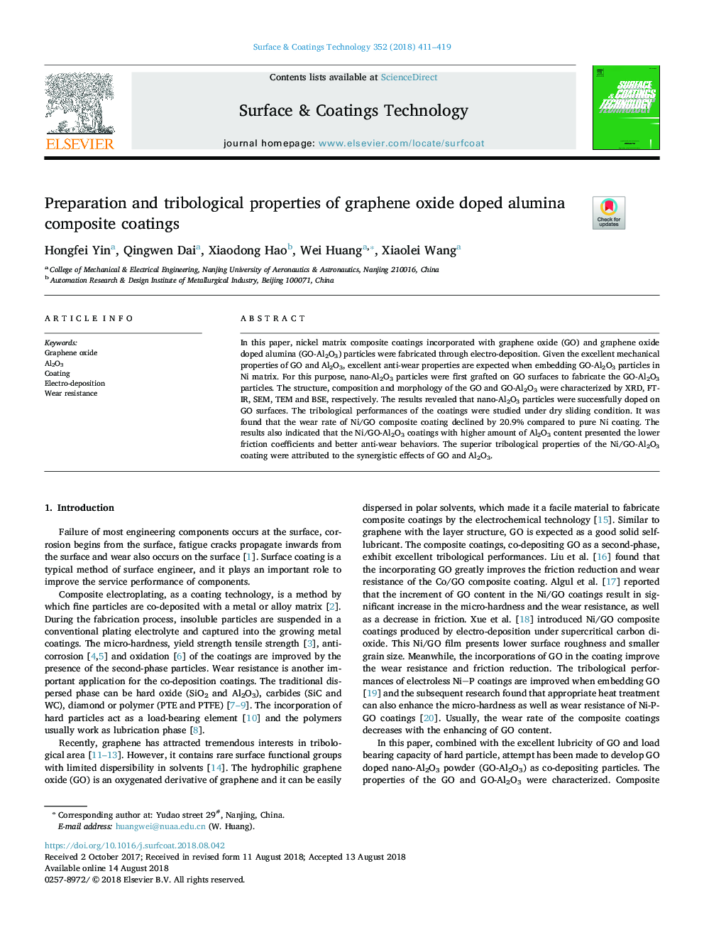 Preparation and tribological properties of graphene oxide doped alumina composite coatings