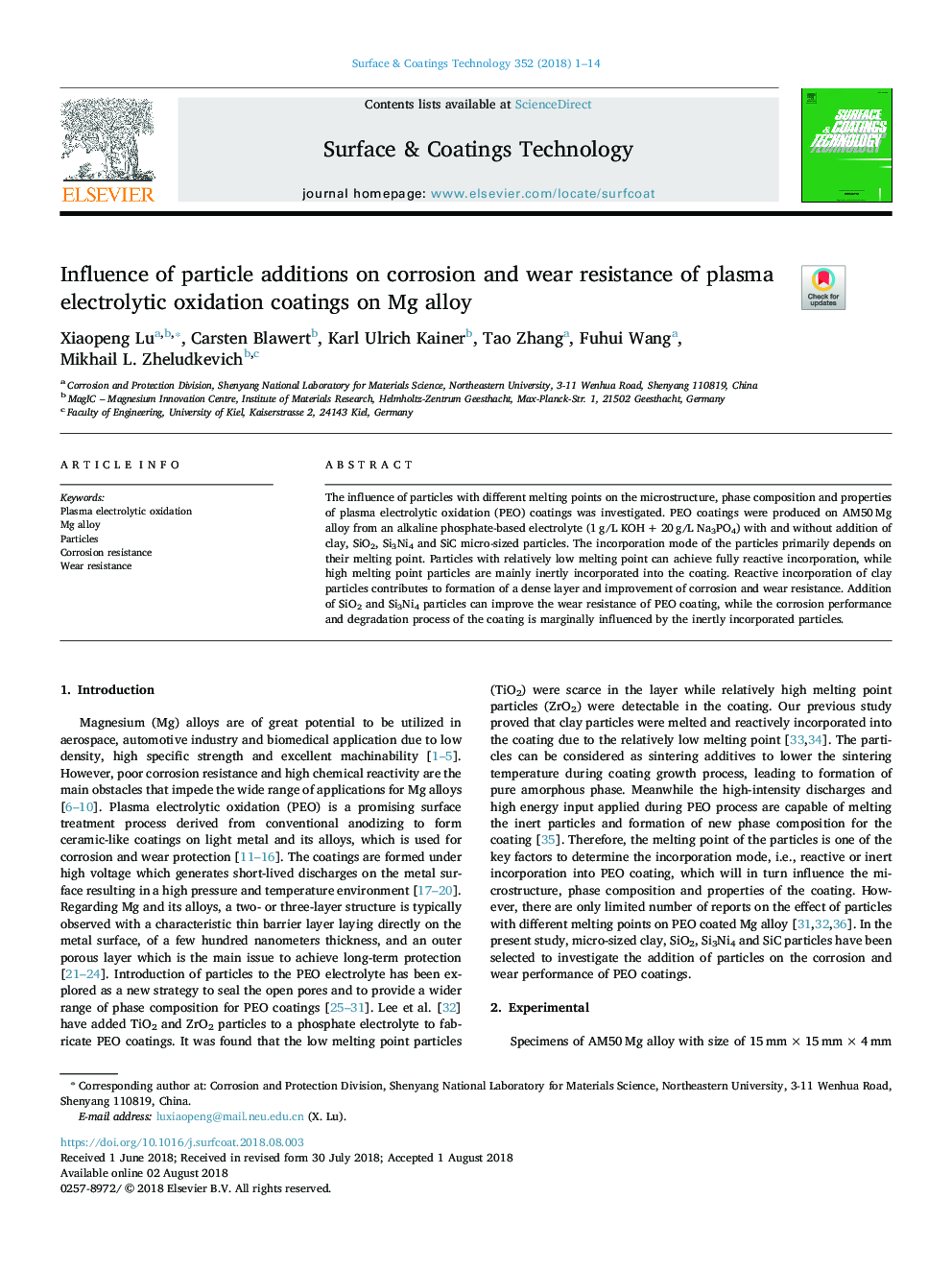 عکس صفحه اول مقاله: Influence of particle additions on corrosion and wear resistance of plasma electrolytic oxidation coatings on Mg alloy Influence of particle additions on corrosion and wear resistance of plasma electrolytic oxidation coatings on Mg alloy